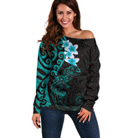 New Zealand Tuatara Plumeria Off Shoulder Sweater Maori Teal Koru Tribal Tattoo