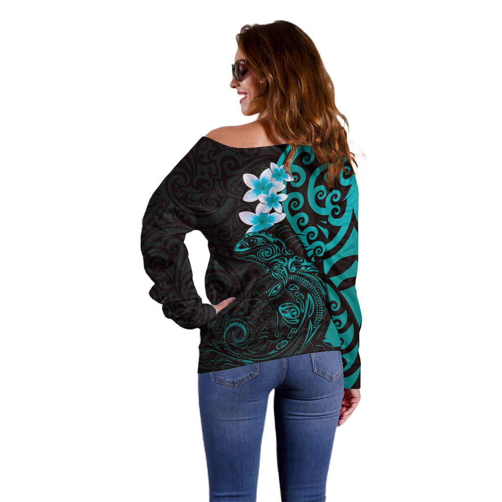 New Zealand Tuatara Plumeria Off Shoulder Sweater Maori Teal Koru Tribal Tattoo