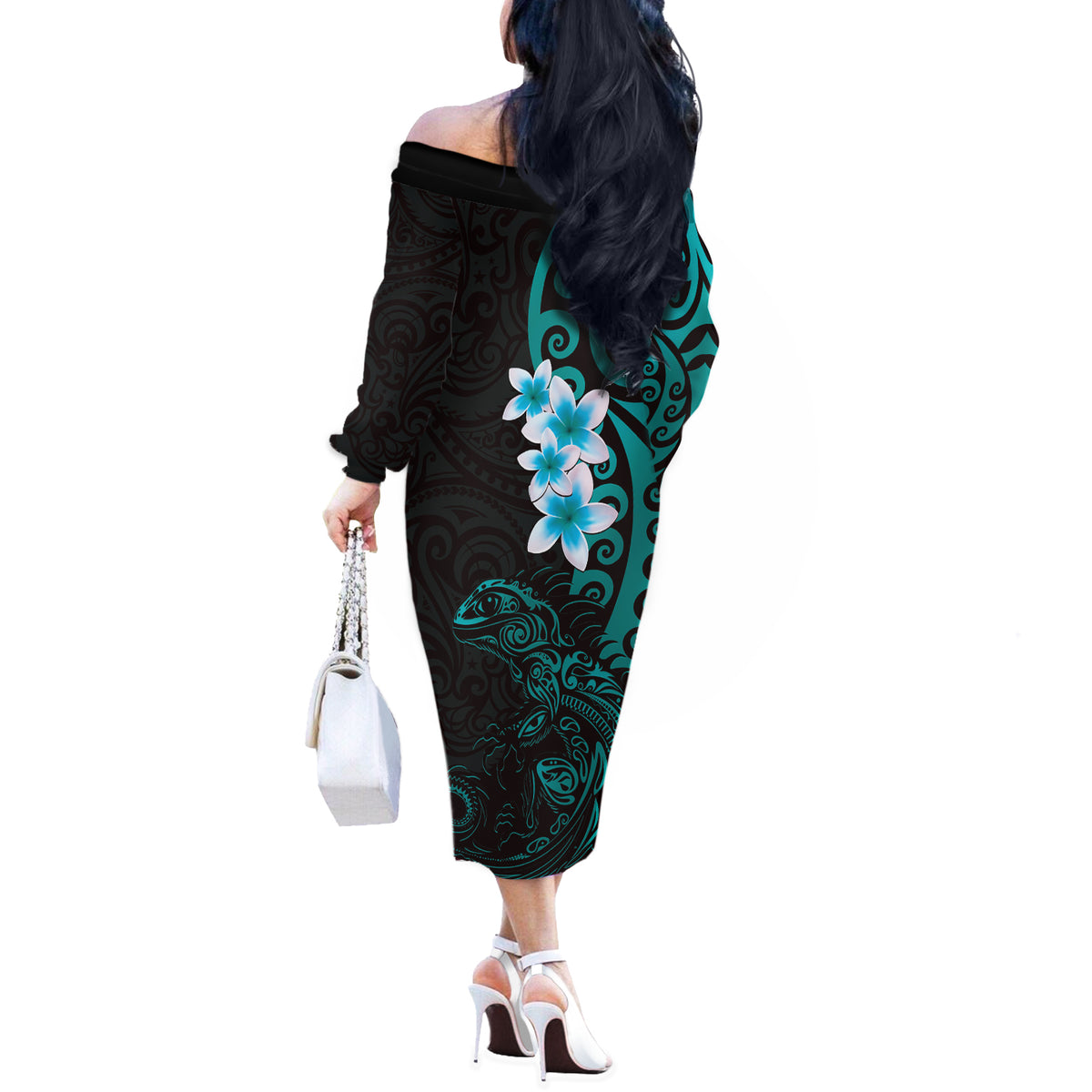 New Zealand Tuatara Plumeria Off The Shoulder Long Sleeve Dress Maori Teal Koru Tribal Tattoo