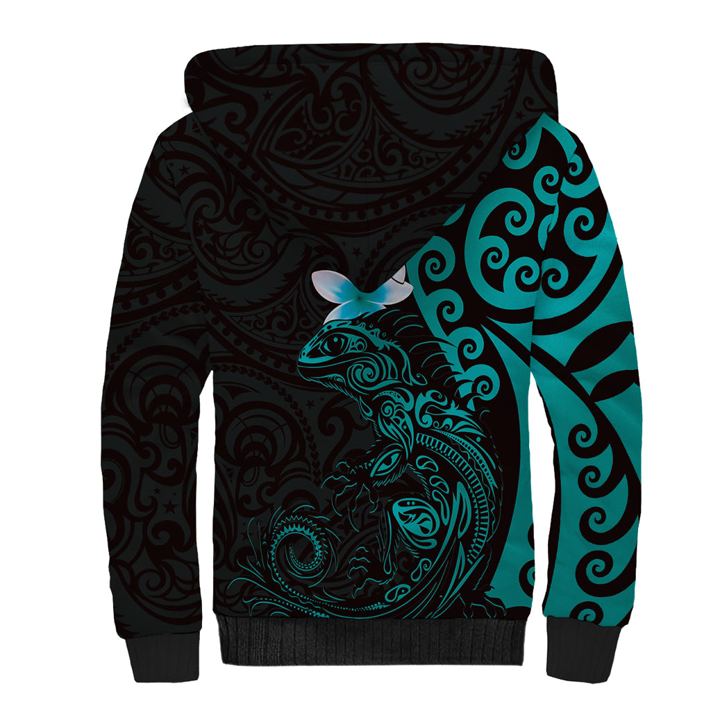 New Zealand Tuatara Plumeria Sherpa Hoodie Maori Teal Koru Tribal Tattoo