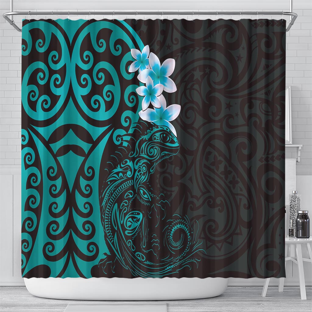 New Zealand Tuatara Plumeria Shower Curtain Maori Teal Koru Tribal Tattoo