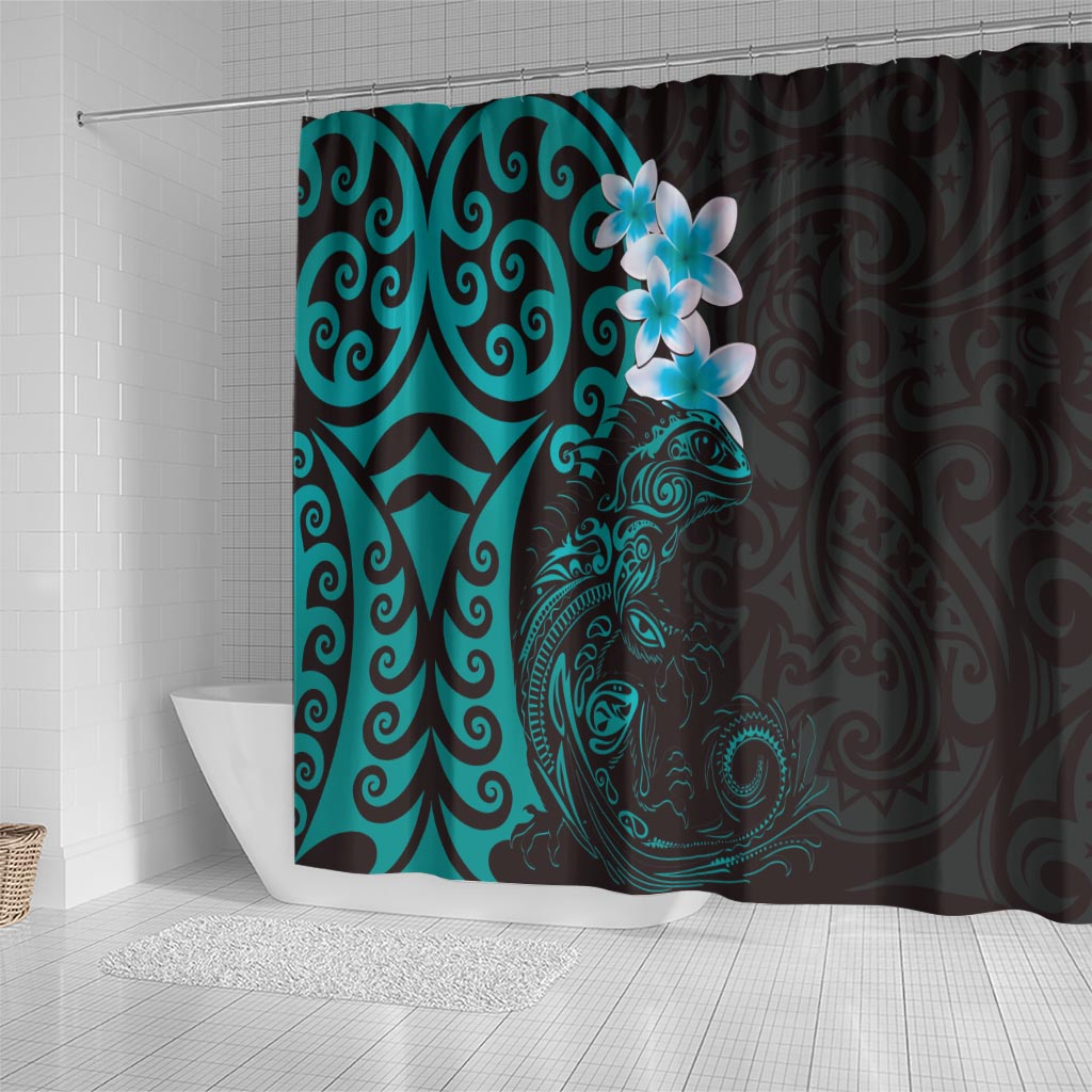 New Zealand Tuatara Plumeria Shower Curtain Maori Teal Koru Tribal Tattoo