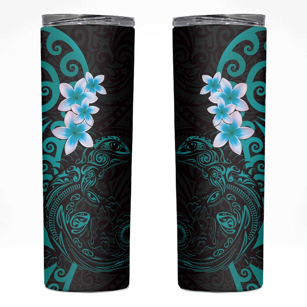 New Zealand Tuatara Plumeria Skinny Tumbler Maori Teal Koru Tribal Tattoo