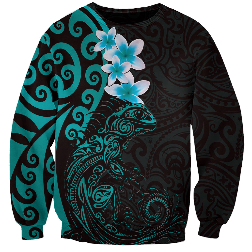 New Zealand Tuatara Plumeria Sweatshirt Maori Teal Koru Tribal Tattoo