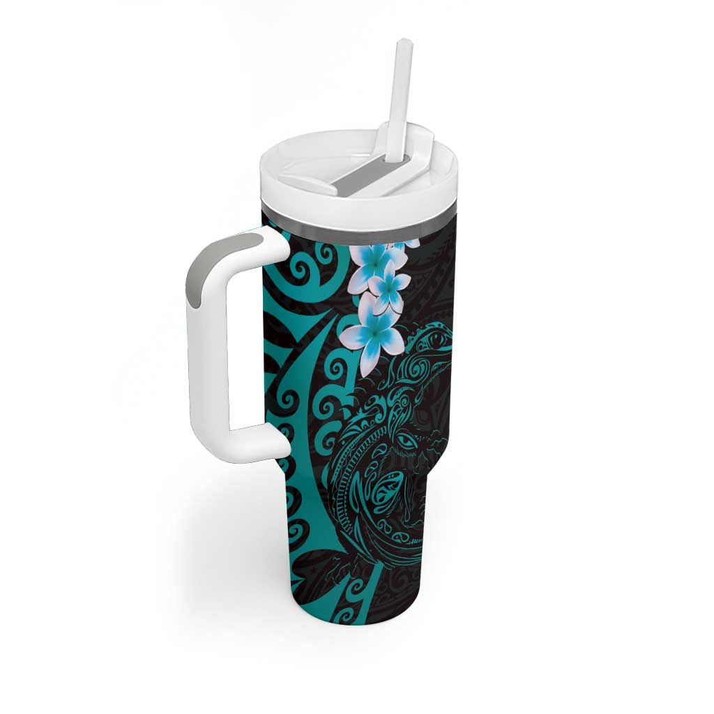 New Zealand Tuatara Plumeria Tumbler With Handle Maori Teal Koru Tribal Tattoo