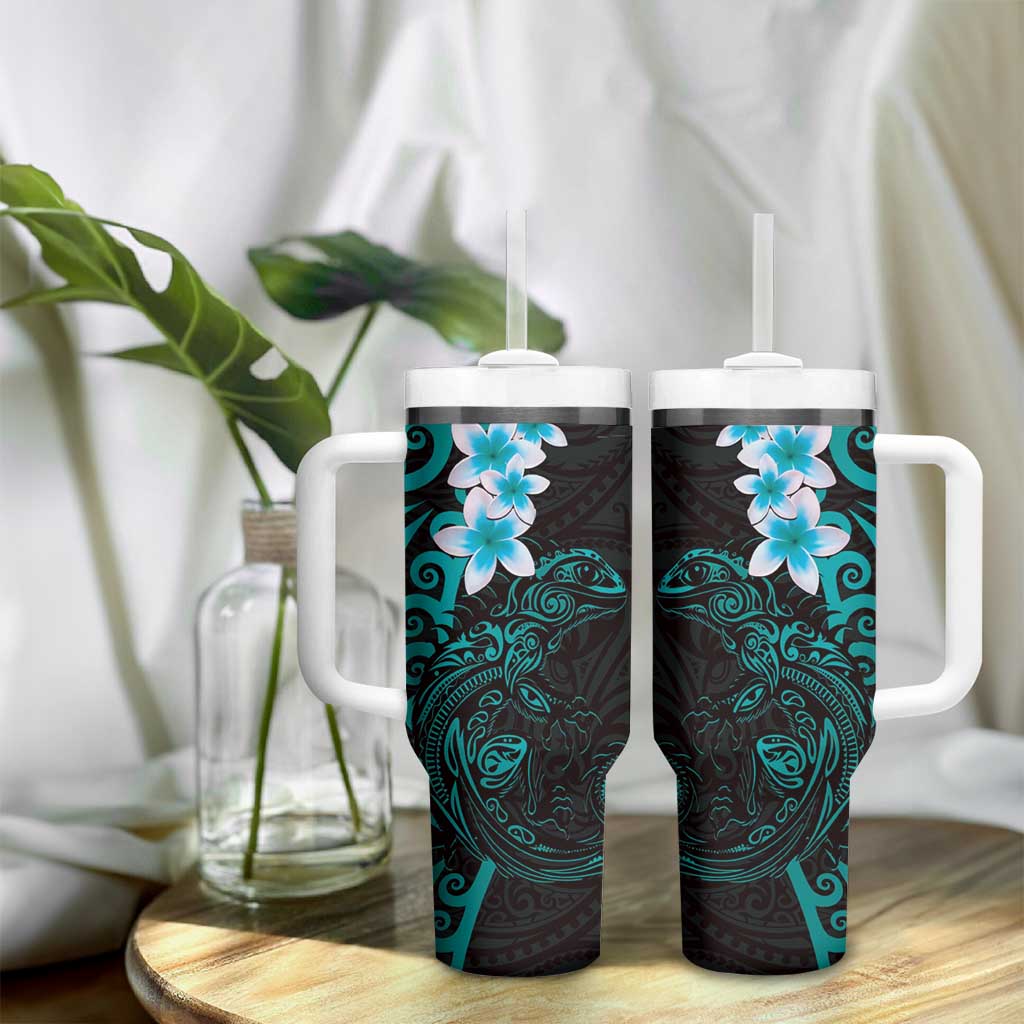 New Zealand Tuatara Plumeria Tumbler With Handle Maori Teal Koru Tribal Tattoo