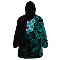 New Zealand Tuatara Plumeria Wearable Blanket Hoodie Maori Teal Koru Tribal Tattoo