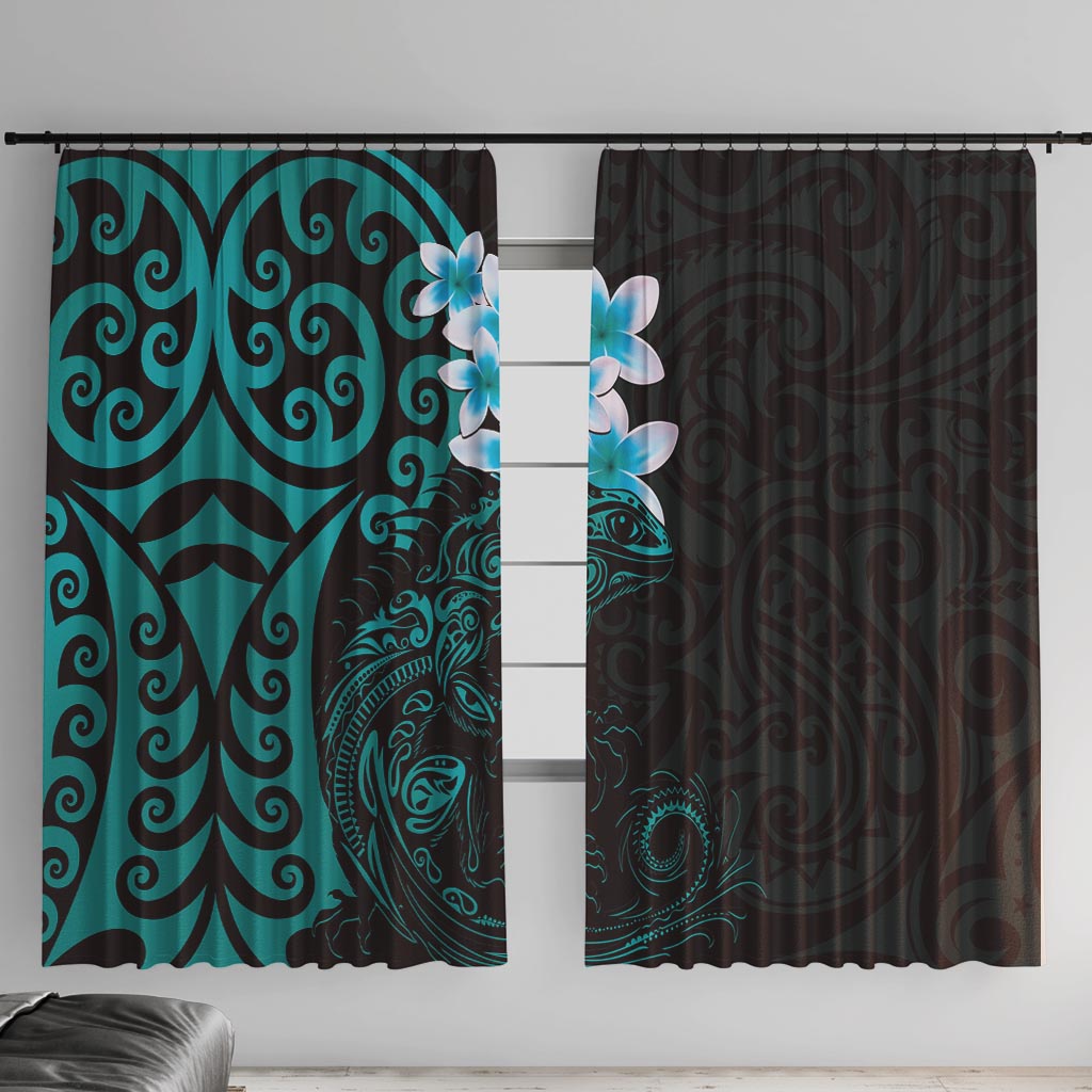 New Zealand Tuatara Plumeria Window Curtain Maori Teal Koru Tribal Tattoo LT01 With Hooks Teal - Polynesian Pride