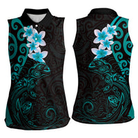 New Zealand Tuatara Plumeria Women Sleeveless Polo Shirt Maori Teal Koru Tribal Tattoo
