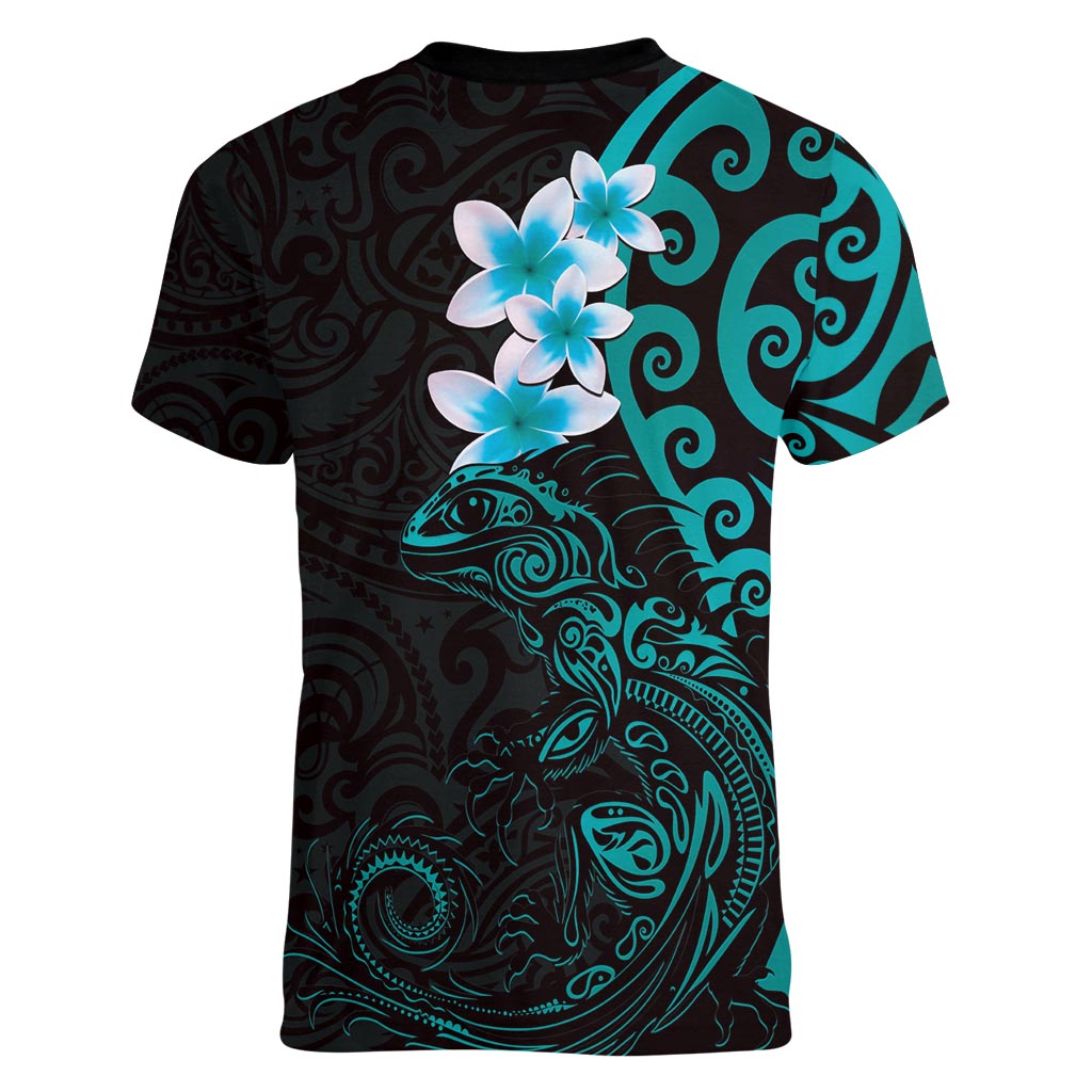New Zealand Tuatara Plumeria Women V-Neck T-Shirt Maori Teal Koru Tribal Tattoo