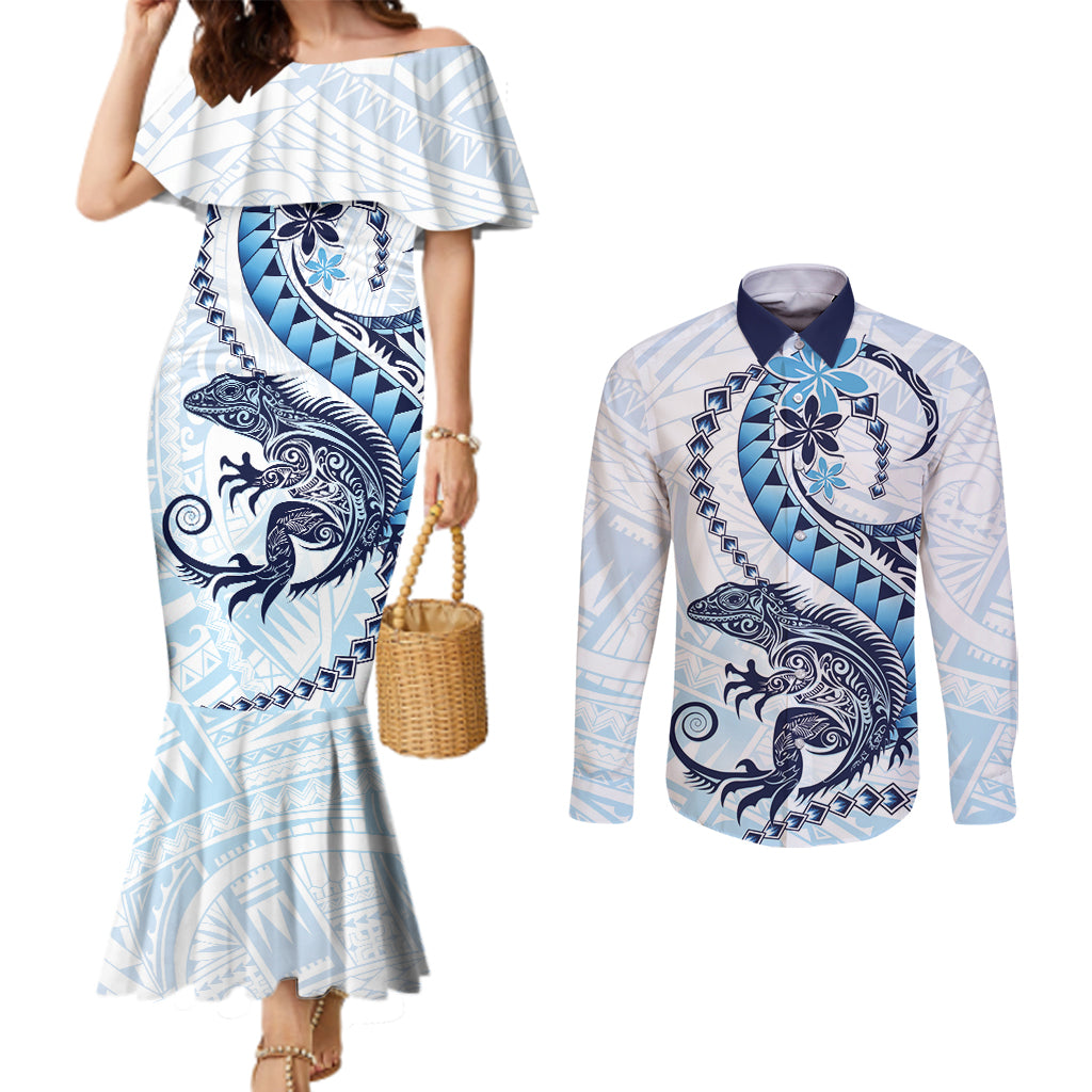 Blue Maori Tuatara Couples Matching Mermaid Dress and Long Sleeve Button Shirt Luxury Pastel Pattern