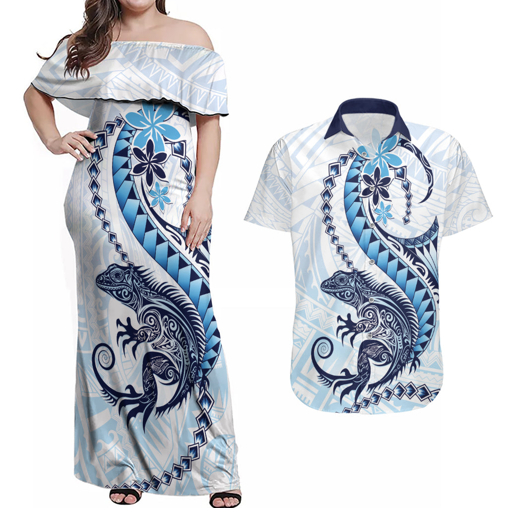 Blue Maori Tuatara Couples Matching Off Shoulder Maxi Dress and Hawaiian Shirt Luxury Pastel Pattern LT01 Blue - Polynesian Pride