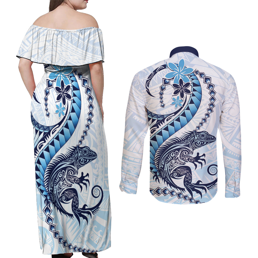 Blue Maori Tuatara Couples Matching Off Shoulder Maxi Dress and Long Sleeve Button Shirt Luxury Pastel Pattern