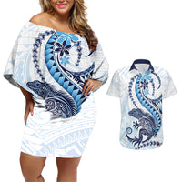 Blue Maori Tuatara Couples Matching Off Shoulder Short Dress and Hawaiian Shirt Luxury Pastel Pattern