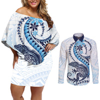Blue Maori Tuatara Couples Matching Off Shoulder Short Dress and Long Sleeve Button Shirt Luxury Pastel Pattern