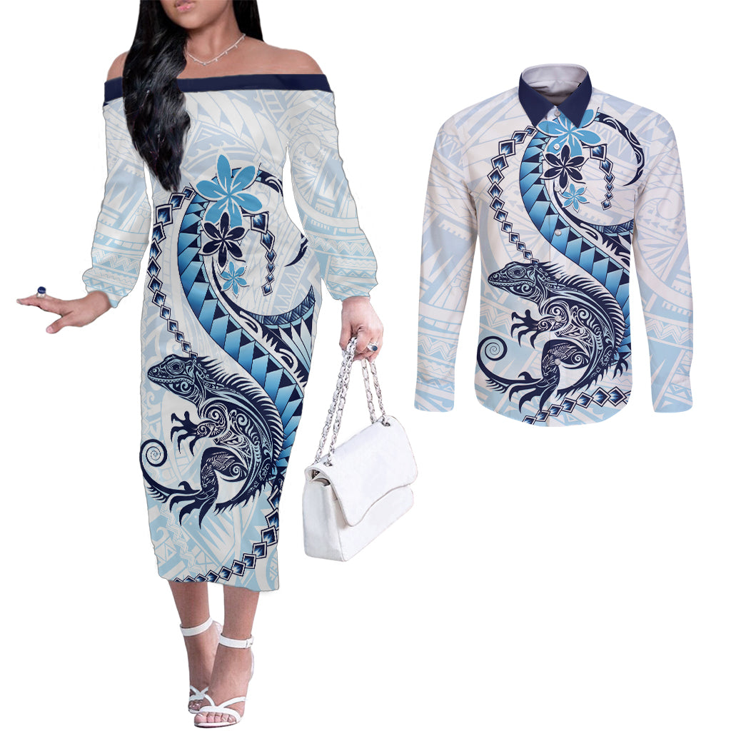 Blue Maori Tuatara Couples Matching Off The Shoulder Long Sleeve Dress and Long Sleeve Button Shirt Luxury Pastel Pattern