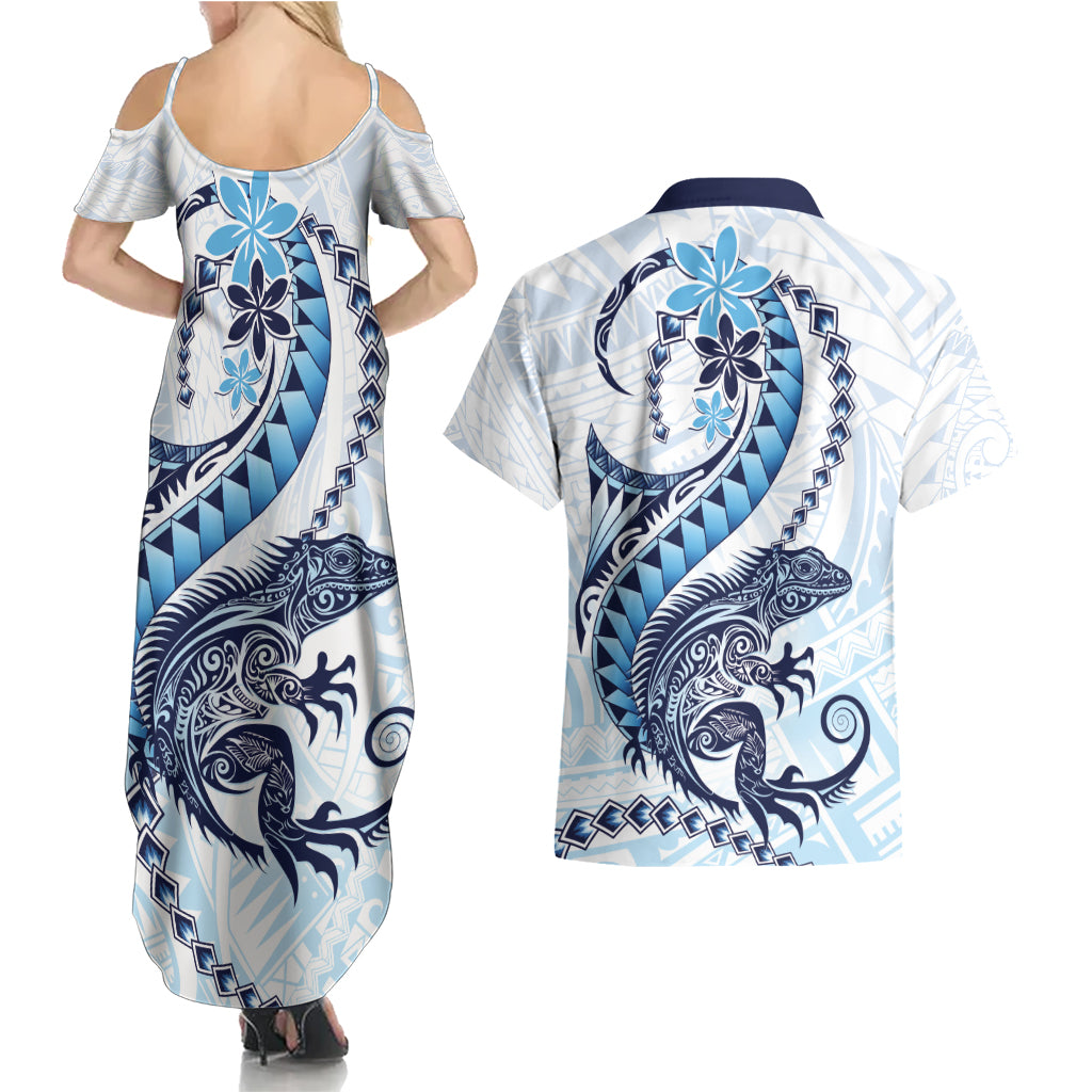 Blue Maori Tuatara Couples Matching Summer Maxi Dress and Hawaiian Shirt Luxury Pastel Pattern