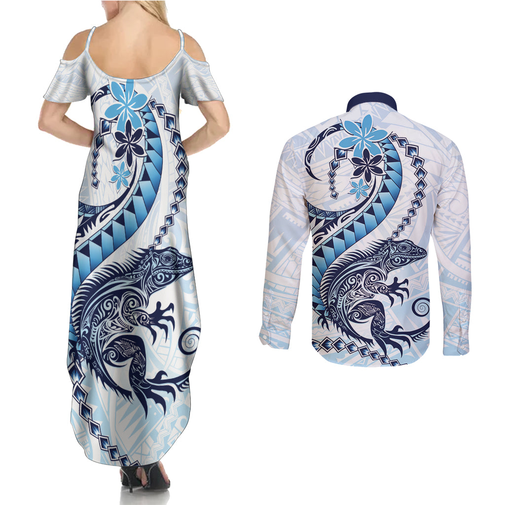 Blue Maori Tuatara Couples Matching Summer Maxi Dress and Long Sleeve Button Shirt Luxury Pastel Pattern