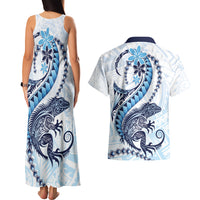 Blue Maori Tuatara Couples Matching Tank Maxi Dress and Hawaiian Shirt Luxury Pastel Pattern LT01 - Polynesian Pride