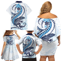 Blue Maori Tuatara Family Matching Off Shoulder Short Dress and Hawaiian Shirt Luxury Pastel Pattern