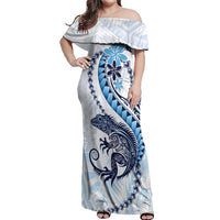 Blue Maori Tuatara Off Shoulder Maxi Dress Luxury Pastel Pattern