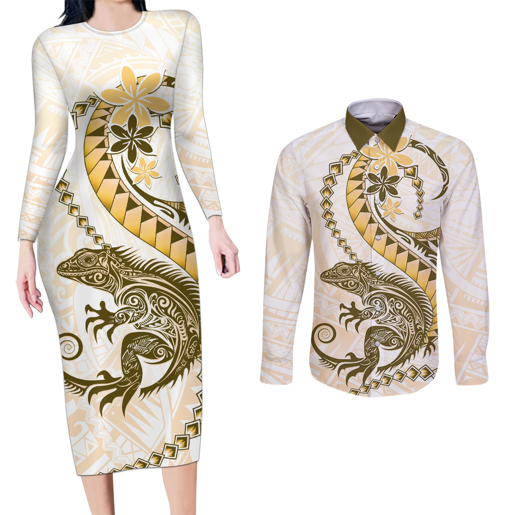 Gold Maori Tuatara Couples Matching Long Sleeve Bodycon Dress and Long Sleeve Button Shirt Luxury Pastel Pattern