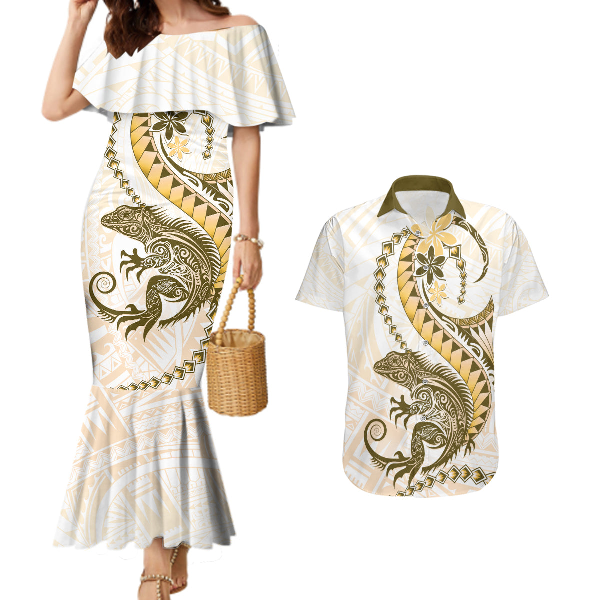 Gold Maori Tuatara Couples Matching Mermaid Dress and Hawaiian Shirt Luxury Pastel Pattern LT01 Gold - Polynesian Pride