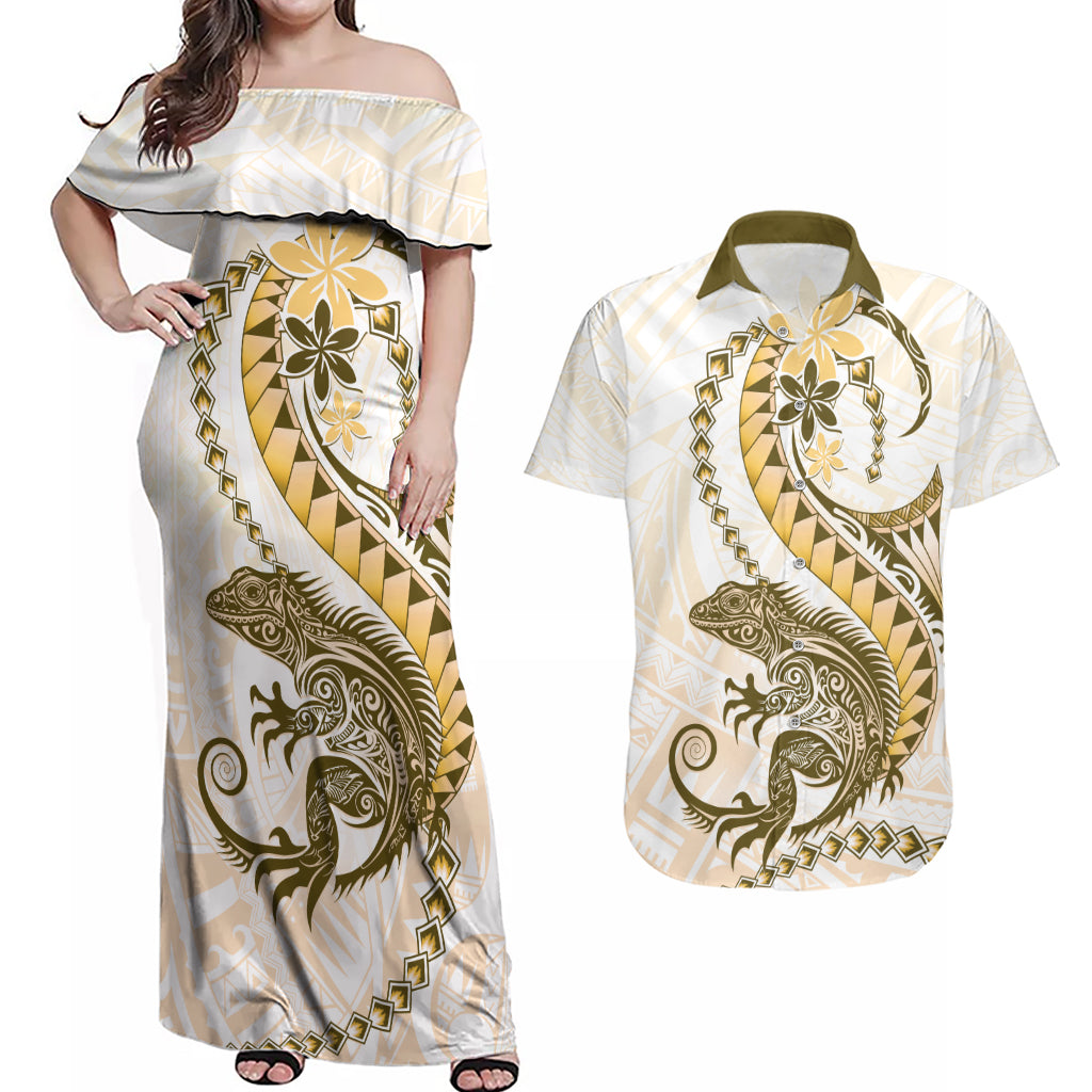 Gold Maori Tuatara Couples Matching Off Shoulder Maxi Dress and Hawaiian Shirt Luxury Pastel Pattern LT01 Gold - Polynesian Pride