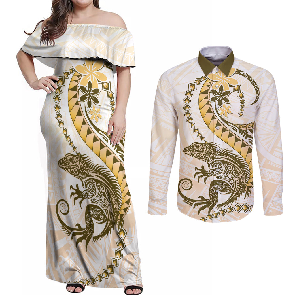 Gold Maori Tuatara Couples Matching Off Shoulder Maxi Dress and Long Sleeve Button Shirt Luxury Pastel Pattern LT01 Gold - Polynesian Pride