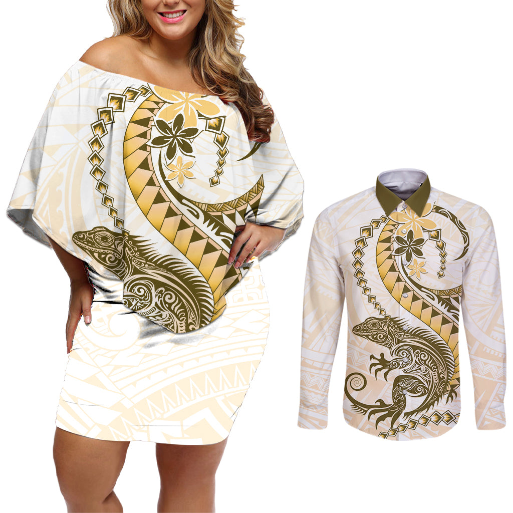 Gold Maori Tuatara Couples Matching Off Shoulder Short Dress and Long Sleeve Button Shirt Luxury Pastel Pattern LT01 Gold - Polynesian Pride