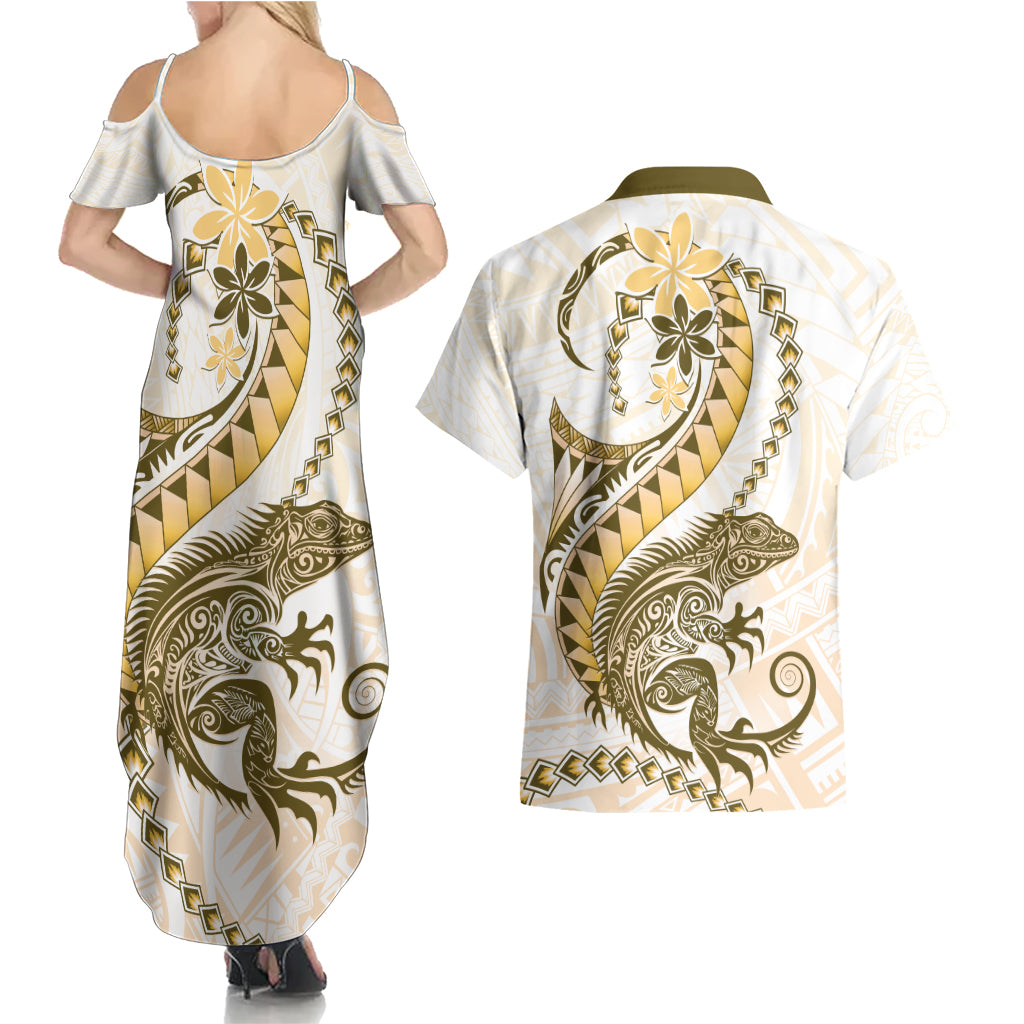 Gold Maori Tuatara Couples Matching Summer Maxi Dress and Hawaiian Shirt Luxury Pastel Pattern