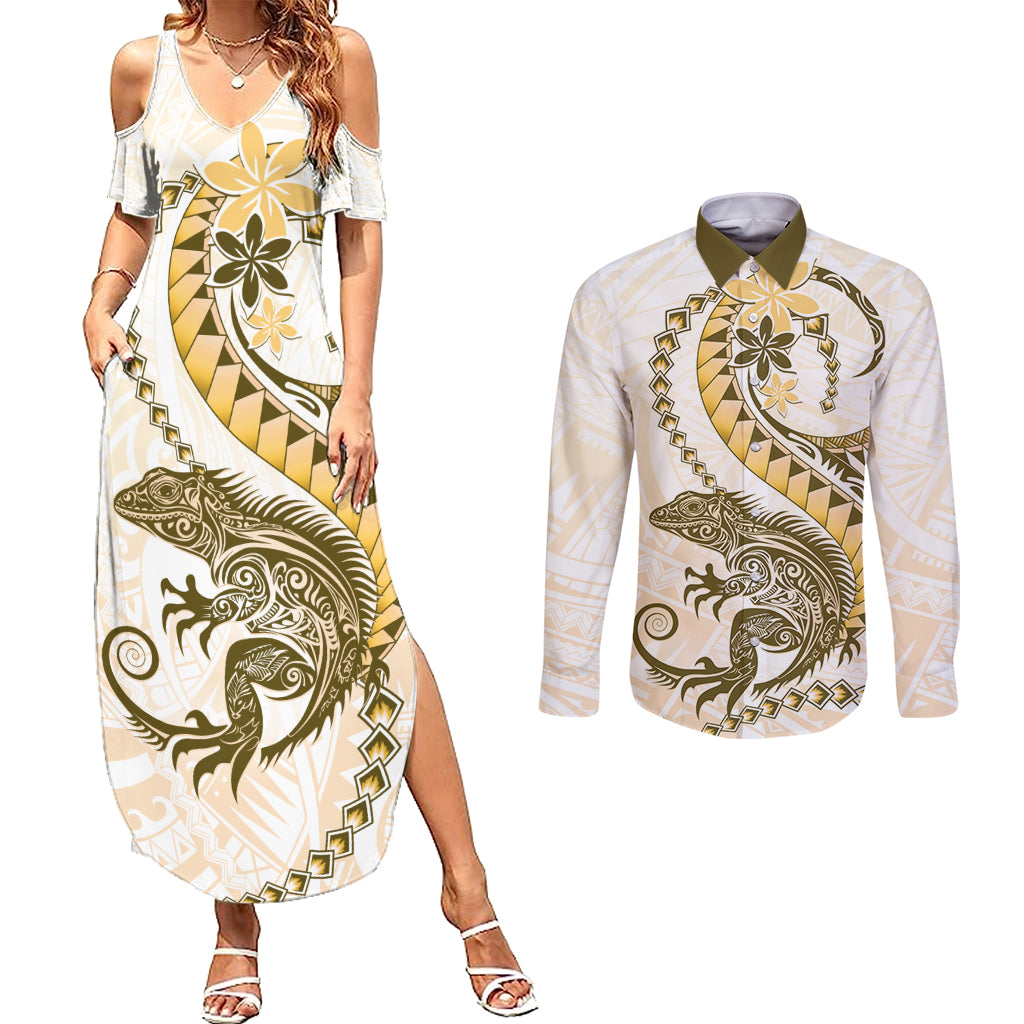 Gold Maori Tuatara Couples Matching Summer Maxi Dress and Long Sleeve Button Shirt Luxury Pastel Pattern LT01 Gold - Polynesian Pride