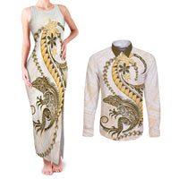 Gold Maori Tuatara Couples Matching Tank Maxi Dress and Long Sleeve Button Shirt Luxury Pastel Pattern