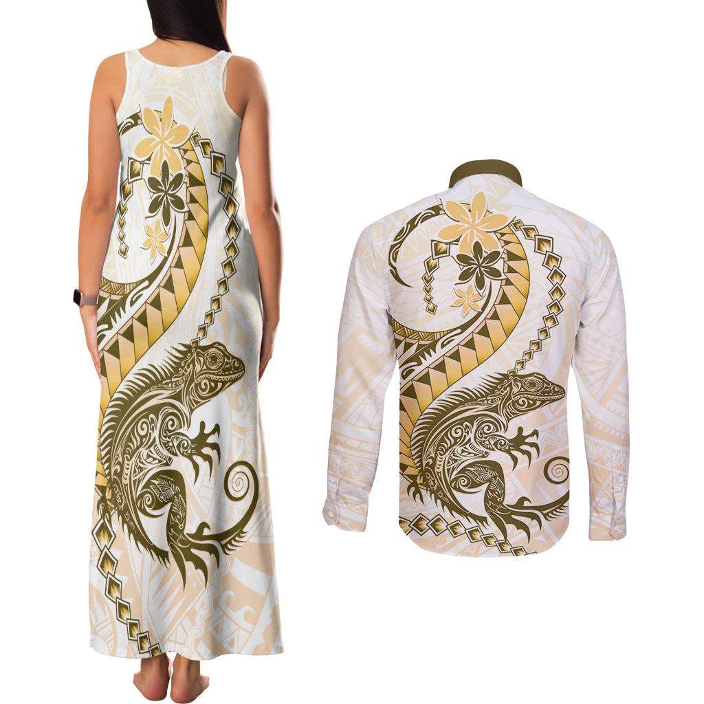 Gold Maori Tuatara Couples Matching Tank Maxi Dress and Long Sleeve Button Shirt Luxury Pastel Pattern