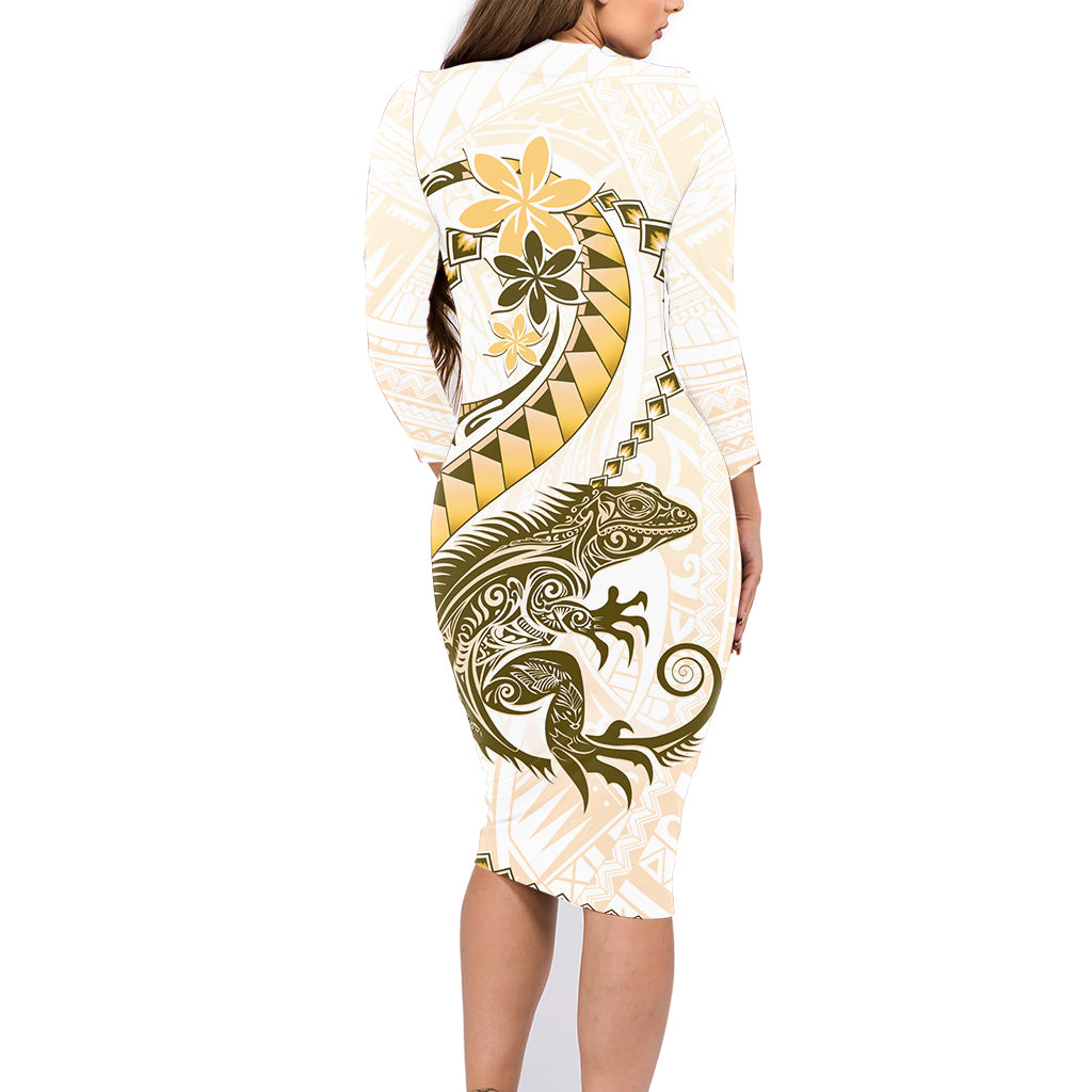 Gold Maori Tuatara Family Matching Long Sleeve Bodycon Dress and Hawaiian Shirt Luxury Pastel Pattern