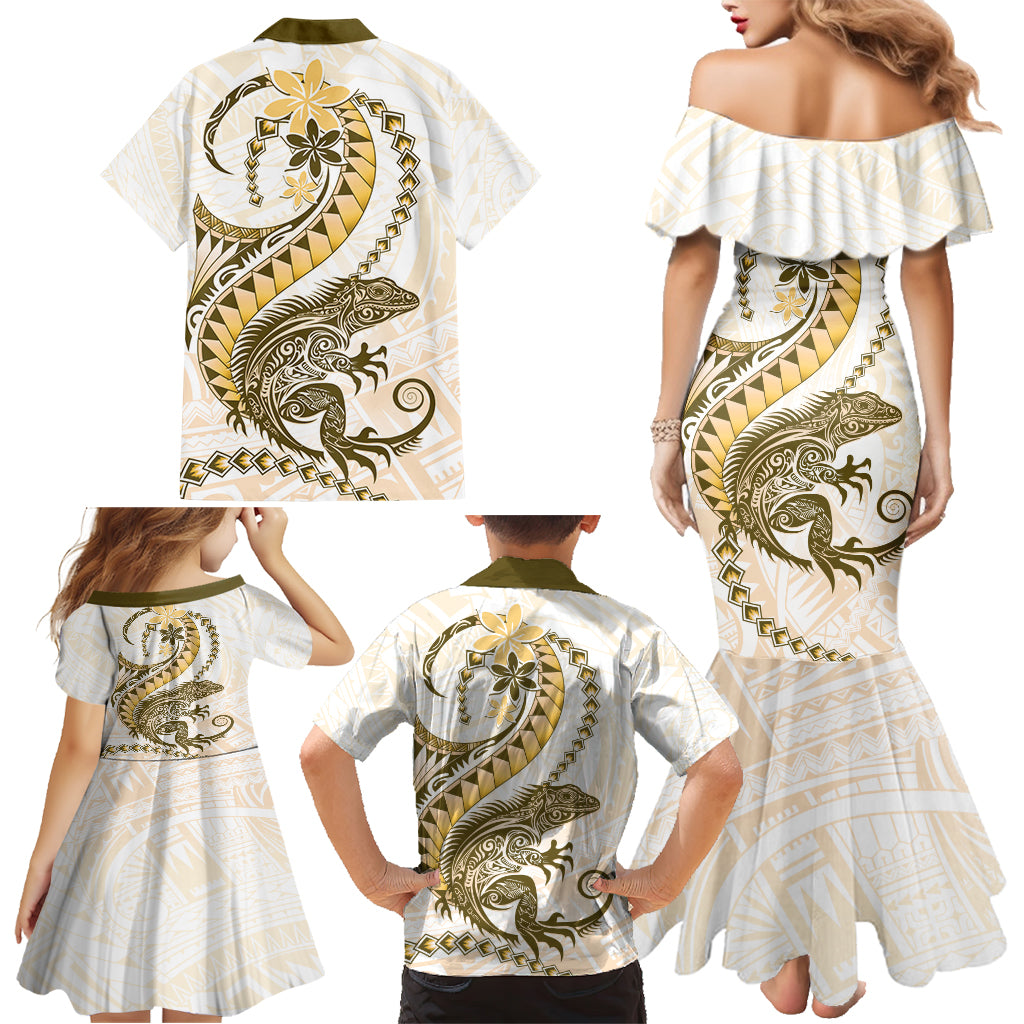 Gold Maori Tuatara Family Matching Mermaid Dress and Hawaiian Shirt Luxury Pastel Pattern