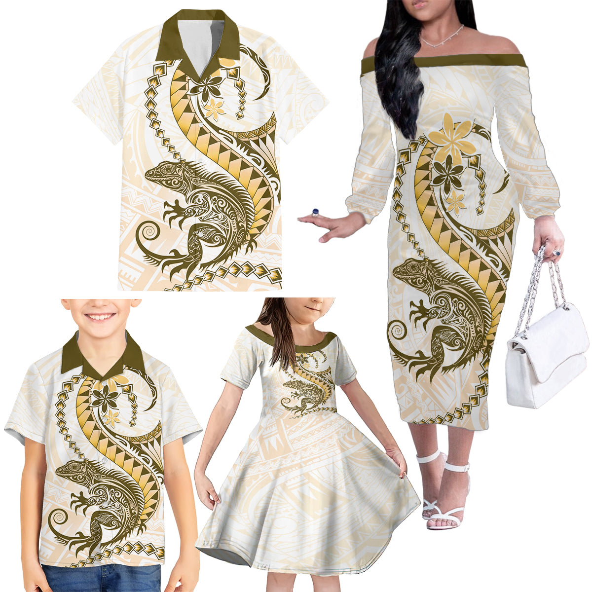 Gold Maori Tuatara Family Matching Off The Shoulder Long Sleeve Dress and Hawaiian Shirt Luxury Pastel Pattern LT01 - Polynesian Pride