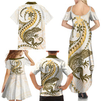 Gold Maori Tuatara Family Matching Summer Maxi Dress and Hawaiian Shirt Luxury Pastel Pattern