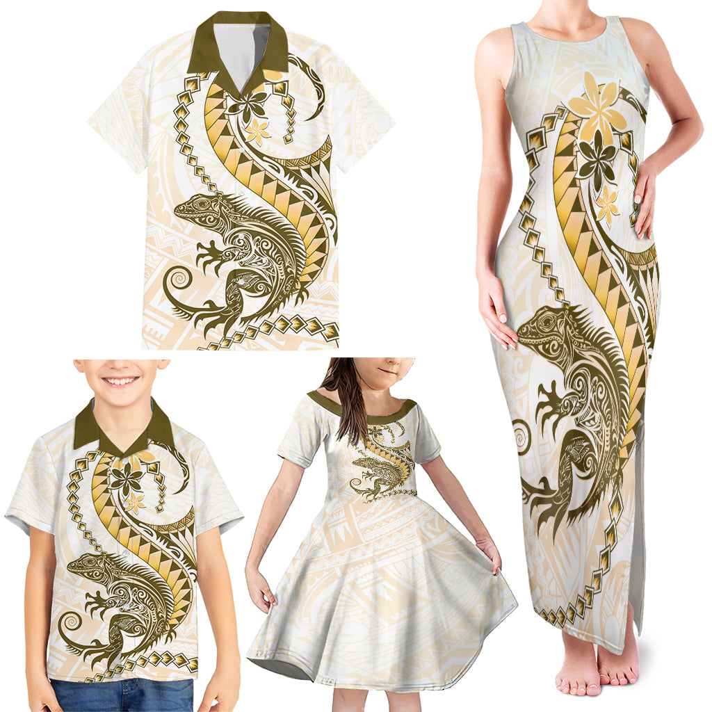 Gold Maori Tuatara Family Matching Tank Maxi Dress and Hawaiian Shirt Luxury Pastel Pattern