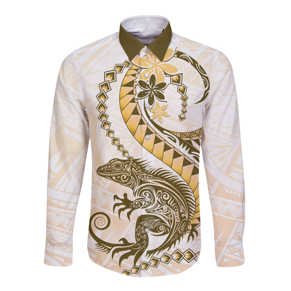 Gold Maori Tuatara Long Sleeve Button Shirt Luxury Pastel Pattern LT01 Unisex Gold - Polynesian Pride