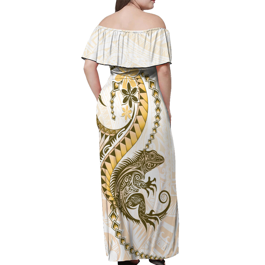 Gold Maori Tuatara Off Shoulder Maxi Dress Luxury Pastel Pattern LT01 - Polynesian Pride