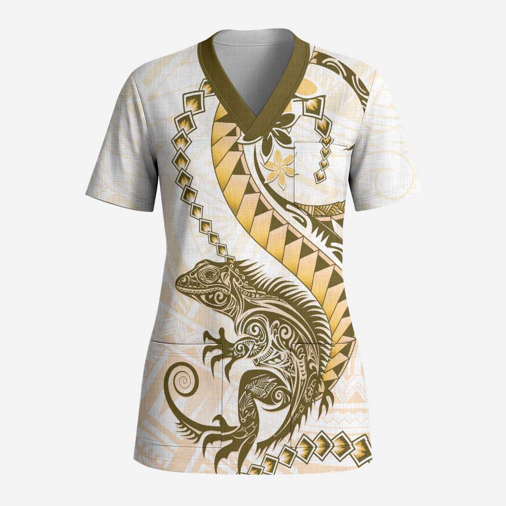 Gold Maori Tuatara Scrub Top Luxury Pastel Pattern LT01 Adult Gold - Polynesian Pride