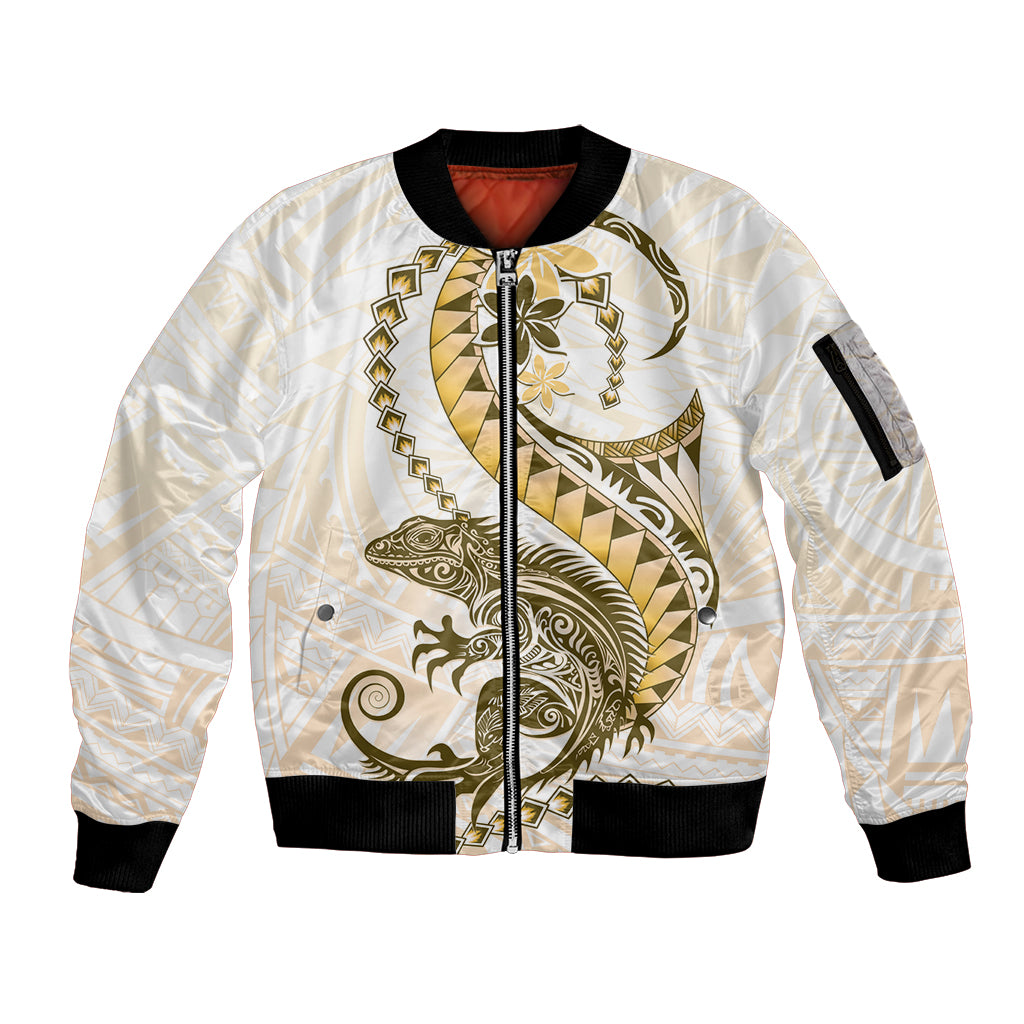 Gold Maori Tuatara Sleeve Zip Bomber Jacket Luxury Pastel Pattern LT01 Unisex Gold - Polynesian Pride