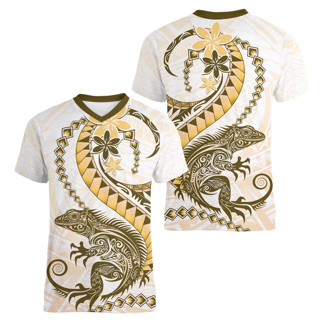 Gold Maori Tuatara Women V-Neck T-Shirt Luxury Pastel Pattern