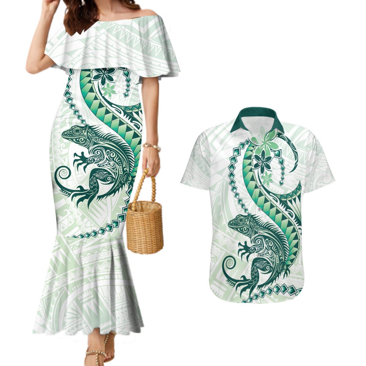 Green Maori Tuatara Couples Matching Mermaid Dress and Hawaiian Shirt Luxury Pastel Pattern LT01 Green - Polynesian Pride