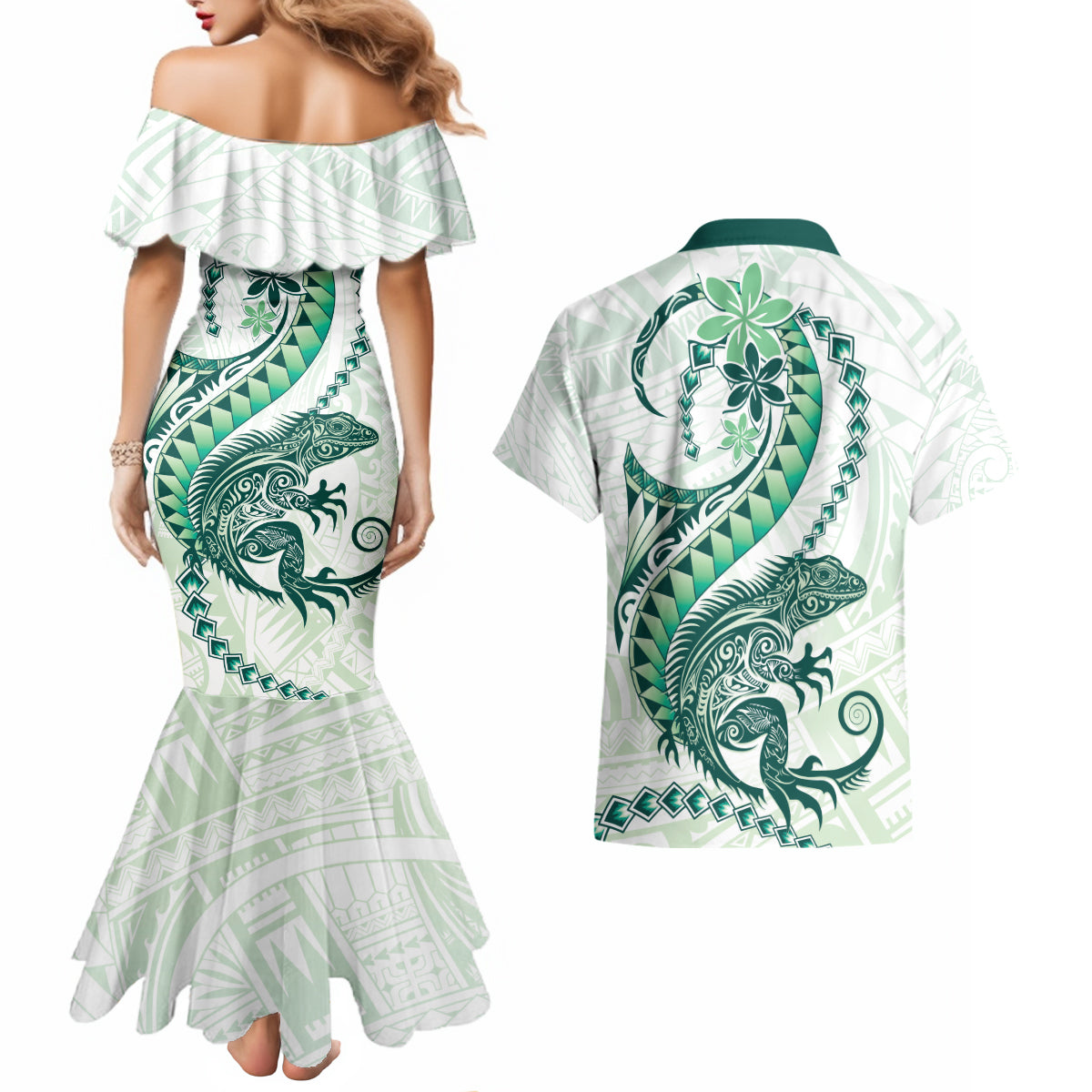 Green Maori Tuatara Couples Matching Mermaid Dress and Hawaiian Shirt Luxury Pastel Pattern