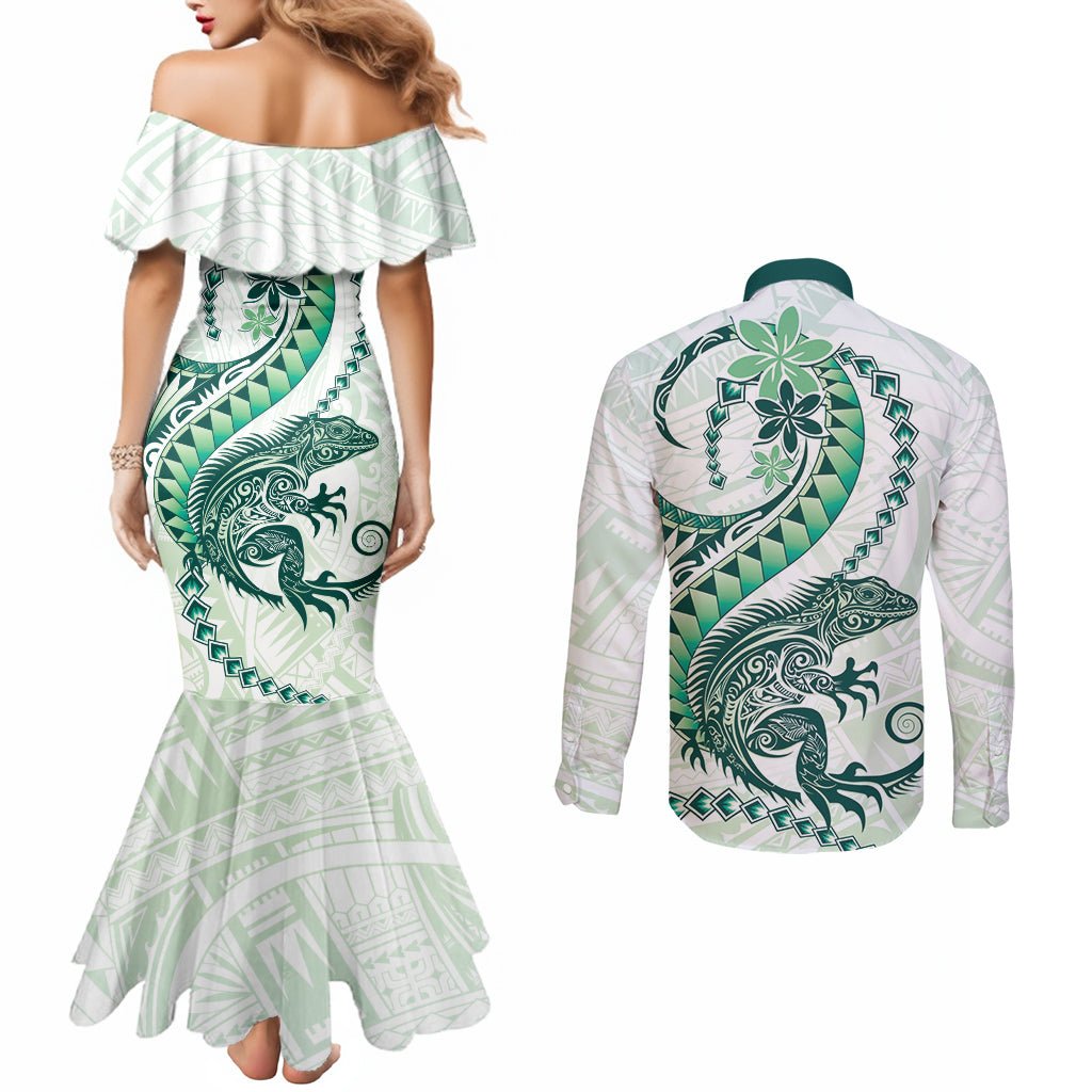 Green Maori Tuatara Couples Matching Mermaid Dress and Long Sleeve Button Shirt Luxury Pastel Pattern