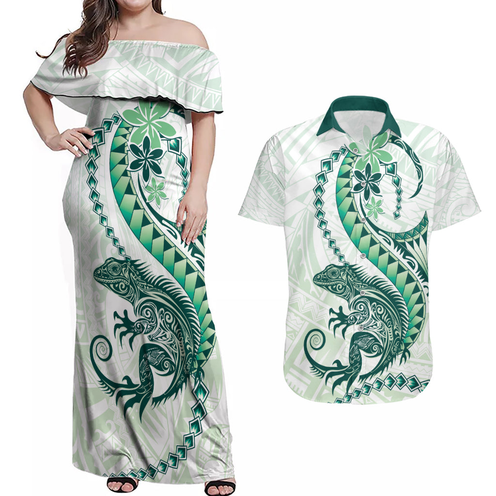Green Maori Tuatara Couples Matching Off Shoulder Maxi Dress and Hawaiian Shirt Luxury Pastel Pattern LT01 Green - Polynesian Pride