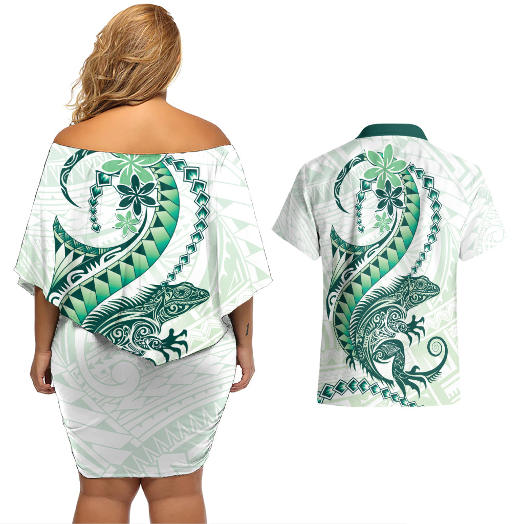 Green Maori Tuatara Couples Matching Off Shoulder Short Dress and Hawaiian Shirt Luxury Pastel Pattern