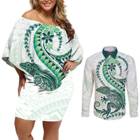 Green Maori Tuatara Couples Matching Off Shoulder Short Dress and Long Sleeve Button Shirt Luxury Pastel Pattern LT01 Green - Polynesian Pride
